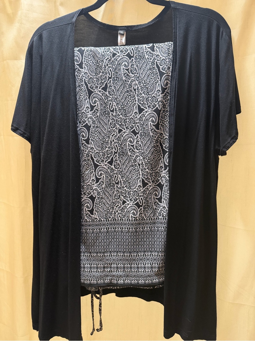 Zac & Rachel Black and White Wide Leg Pants with Paisley Print with cardigan